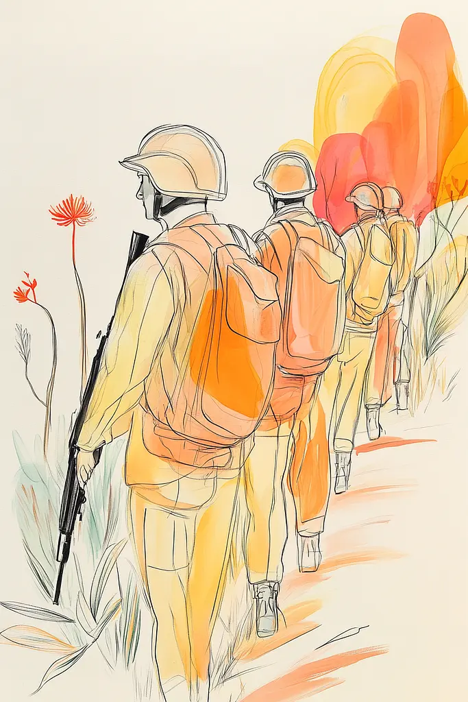 Midjourney generated image using SREF code Sunkissed Embrace: A group of soldiers walking down a dirt road.