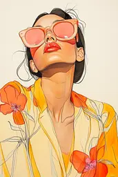 Midjourney generated image using SREF code Sunkissed Embrace: A drawing of a woman wearing sunglasses and a yellow shirt.