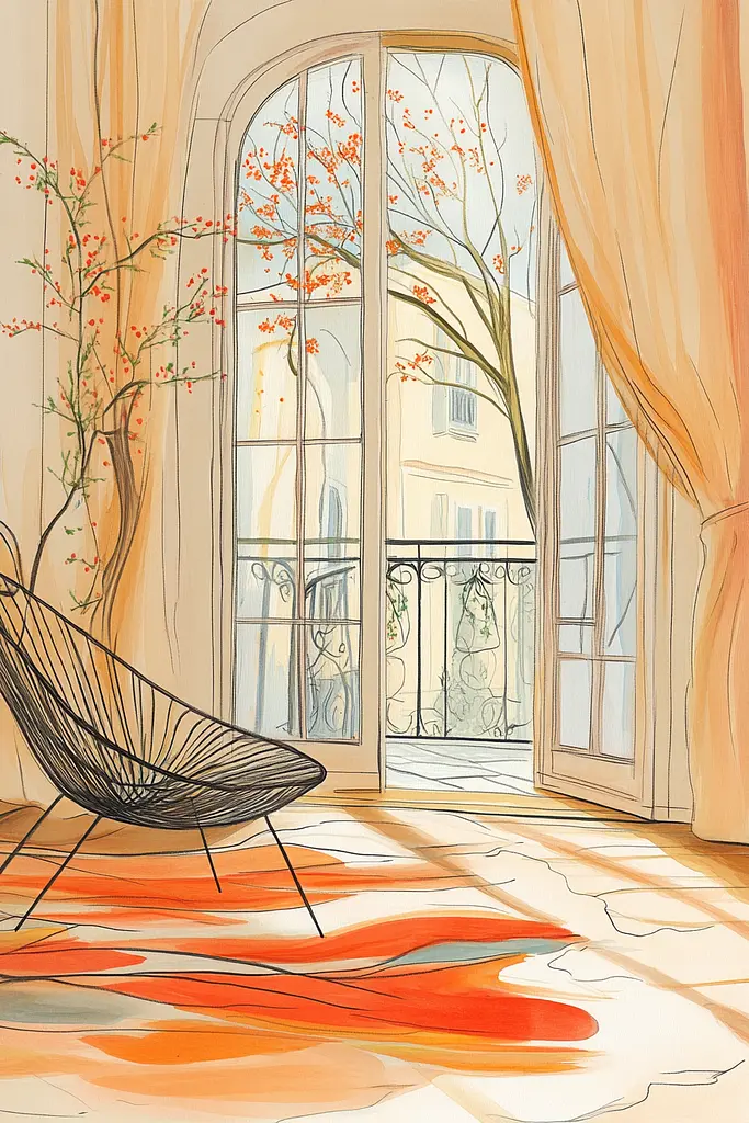 Midjourney generated image using SREF code Sunkissed Embrace: A drawing of a chair in front of a window.