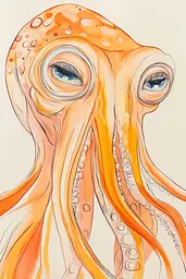 Midjourney generated image using SREF code Sunkissed Embrace: A drawing of an orange octopus with blue eyes.