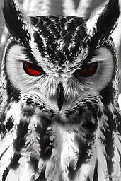 Midjourney generated image using SREF code Surreal Reflections: A black and white photo of an owl with red eyes.