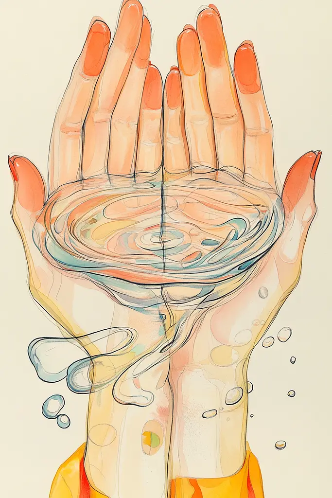 Midjourney generated image using SREF code Sunkissed Embrace: A drawing of two hands holding a bowl of water.