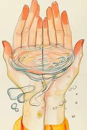 Midjourney generated image using SREF code Sunkissed Embrace: A drawing of two hands holding a bowl of water.