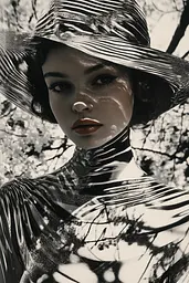 Midjourney generated image using SREF code Surreal Reflections: A black and white photo of a woman wearing a hat.