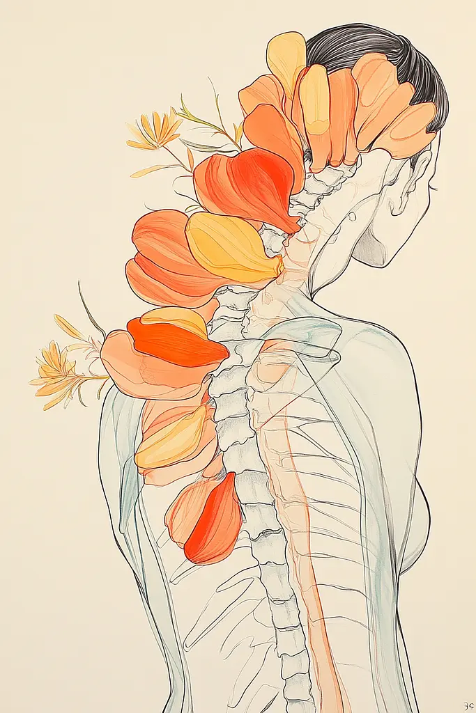 Midjourney generated image using SREF code Sunkissed Embrace: A drawing of a woman's back with a bunch of flowers in her hair.