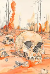 Midjourney generated image using SREF code Sunkissed Embrace: A drawing of two skulls in the middle of a burned area.