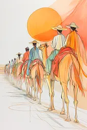 Midjourney generated image using SREF code Sunkissed Embrace: A group of people riding on the backs of camels.