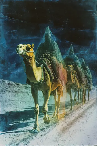 Midjourney generated image using SREF code Ethereal Luminescence: A group of people riding on the backs of camels.