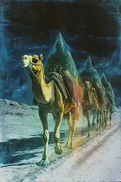 Midjourney generated image using SREF code Ethereal Luminescence: A group of people riding on the backs of camels.