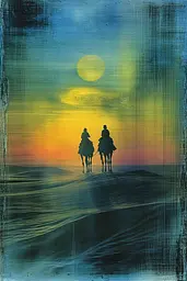 Midjourney generated image using SREF code Ethereal Luminescence: A painting of two people riding camels in the desert at sunset.