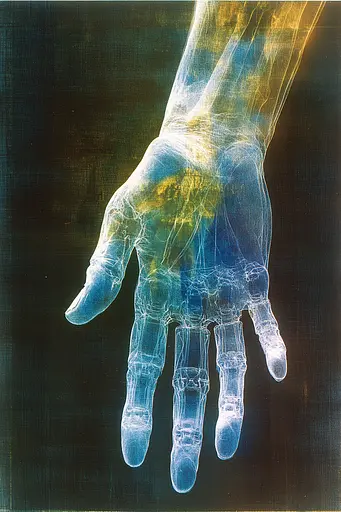 Midjourney generated image using SREF code Ethereal Luminescence: An x-ray image of a human hand on a black background.