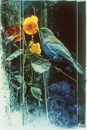 Midjourney generated image using SREF code Ethereal Luminescence: A blue bird sitting on top of a yellow flower.