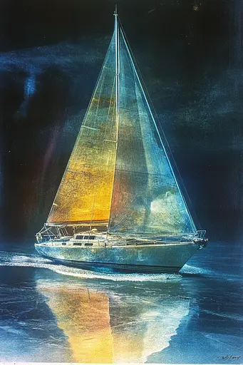 Midjourney generated image using SREF code Ethereal Luminescence: A painting of a sailboat in the ocean at night.