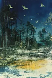 Midjourney generated image using SREF code Ethereal Luminescence: A painting of birds flying over a forest at night.