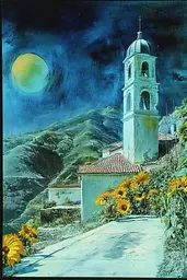 Midjourney generated image using SREF code Ethereal Luminescence: A painting of a church with a full moon in the background.