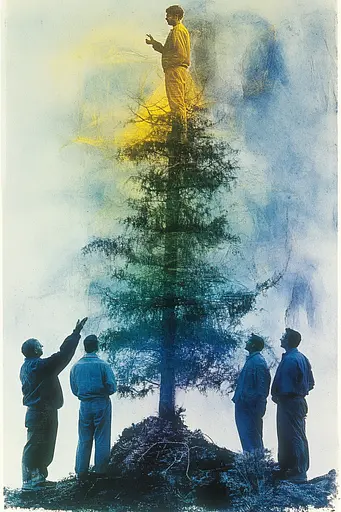 Midjourney generated image using SREF code Ethereal Luminescence: A group of men standing around a tall tree.