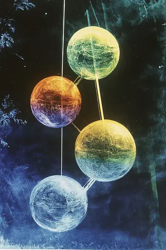 Midjourney generated image using SREF code Ethereal Luminescence: A group of three colorful spheres hanging from a string.