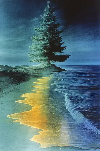 Midjourney generated image using SREF code Ethereal Luminescence: A painting of a lone tree on a beach at night.