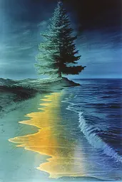 Midjourney generated image using SREF code Ethereal Luminescence: A painting of a lone tree on a beach at night.