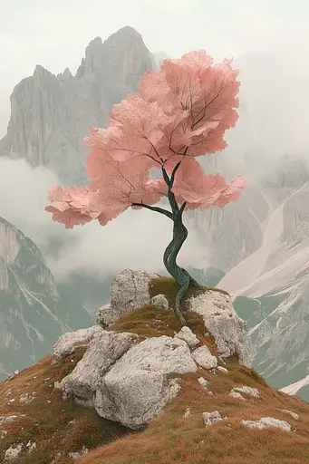 Midjourney generated image using SREF code Liminal Bloom: A lone tree on top of a mountain in the fog.