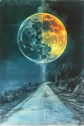 Midjourney generated image using SREF code Ethereal Luminescence: A painting of a road with a full moon in the background.