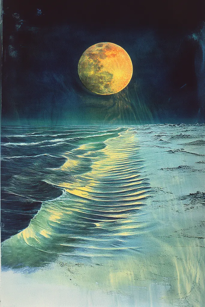 Midjourney generated image using SREF code Ethereal Luminescence: A painting of a full moon over the ocean.