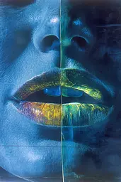 Midjourney generated image using SREF code Ethereal Luminescence: A close up of a woman's face with blue and yellow lips.