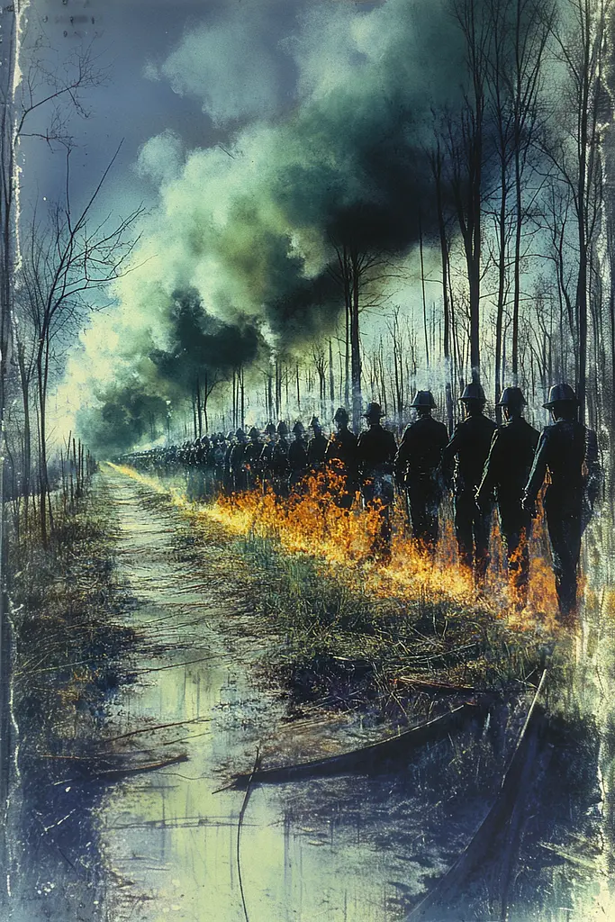 Midjourney generated image using SREF code Ethereal Luminescence: A painting of a group of soldiers walking down a dirt road.