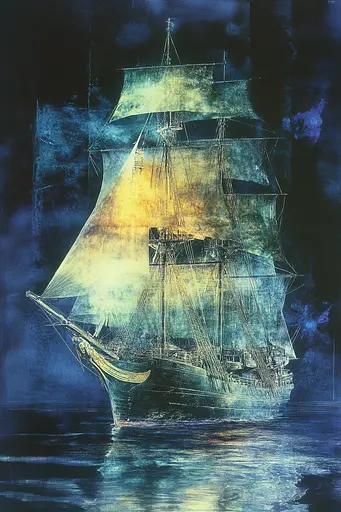 Midjourney generated image using SREF code Ethereal Luminescence: A painting of a sailing ship in the ocean.