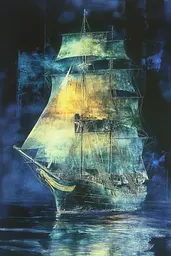 Midjourney generated image using SREF code Ethereal Luminescence: A painting of a sailing ship in the ocean.