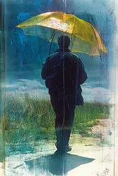 Midjourney generated image using SREF code Ethereal Luminescence: A man walking in the rain holding an umbrella.