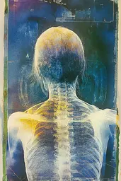 Midjourney generated image using SREF code Ethereal Luminescence: A picture of a woman's back with a skeleton on it.