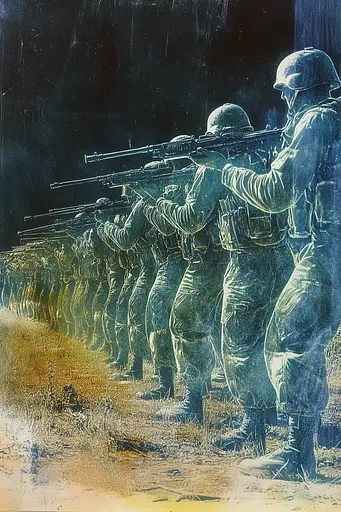 Midjourney generated image using SREF code Ethereal Luminescence: A group of soldiers standing in a line with rifles.