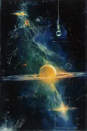 Midjourney generated image using SREF code Ethereal Luminescence: A painting of a space scene with planets and stars.