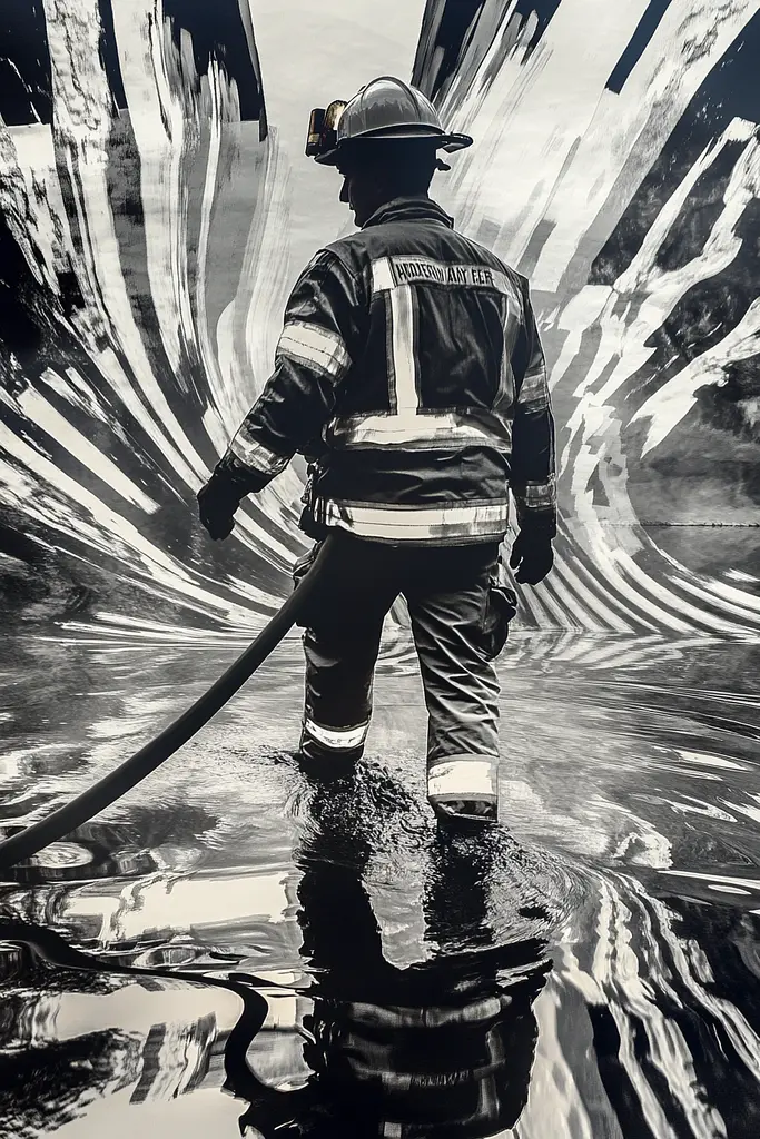 Midjourney generated image using SREF code Surreal Reflections: A firefighter walking through a puddle of water with a hose.