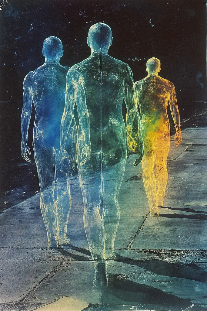 Midjourney generated image using SREF code Ethereal Luminescence: A painting of three people walking down a street.