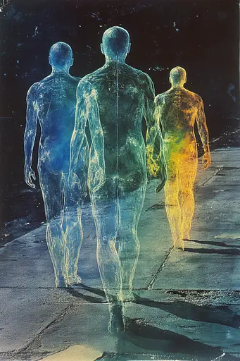 Midjourney generated image using SREF code Ethereal Luminescence: A painting of three people walking down a street.