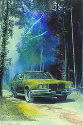 Midjourney generated image using SREF code Ethereal Luminescence: A painting of a yellow car parked in the woods.