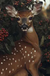 Midjourney generated image using SREF code Sensory Tangle: A fawn sitting in front of a bush with red berries.