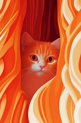 Midjourney generated image using SREF code Ember Flow: An orange cat peeking out from behind a curtain.