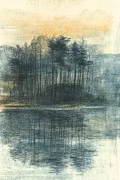 Midjourney generated image using SREF code Solitary Tapestry: A painting of a lake with trees in the background.