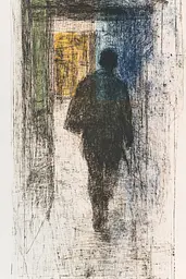 Midjourney generated image using SREF code Solitary Tapestry: A drawing of a person walking down a hallway.