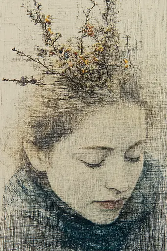 Midjourney generated image using SREF code Solitary Tapestry: A drawing of a woman with a flower crown on her head.