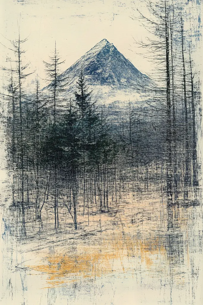 Midjourney generated image using SREF code Solitary Tapestry: A drawing of a mountain with trees in the foreground.