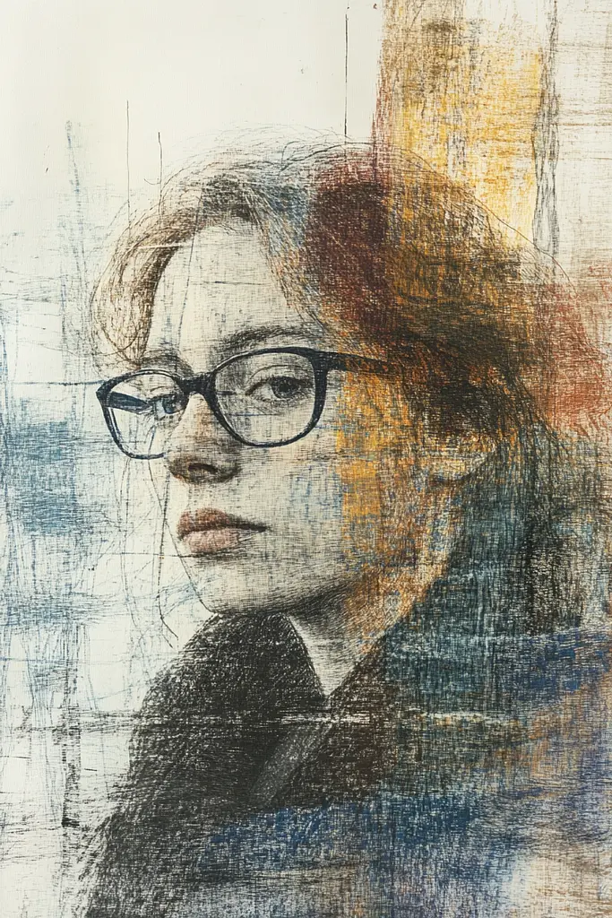 Midjourney generated image using SREF code Solitary Tapestry: A drawing of a woman with glasses looking out a window.