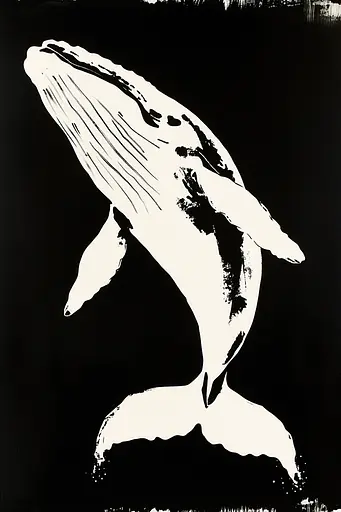 Midjourney generated image using SREF code Ebon Pathways: A black and white drawing of a humpback whale.