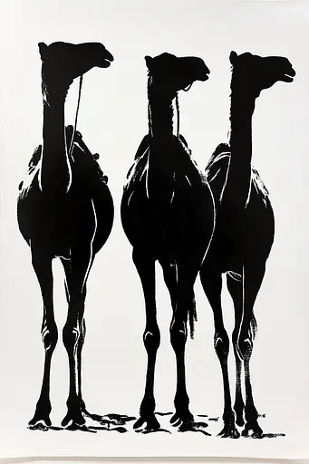 Midjourney generated image using SREF code Ebon Pathways: Three camels are silhouetted against a white background. 