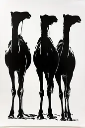 Midjourney generated image using SREF code Ebon Pathways: Three camels are silhouetted against a white background. 