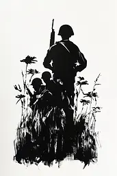 Midjourney generated image using SREF code Ebon Pathways: A black and white silhouette of a soldier standing in a field.