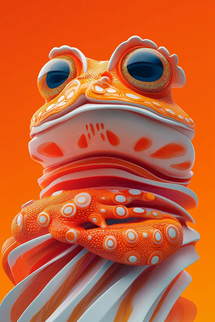 Midjourney generated image using SREF code Ember Flow: An orange and white frog with big eyes on an orange background.